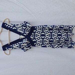 Eclair women L sleeveless dress open waistband cutout v-neck printed blue